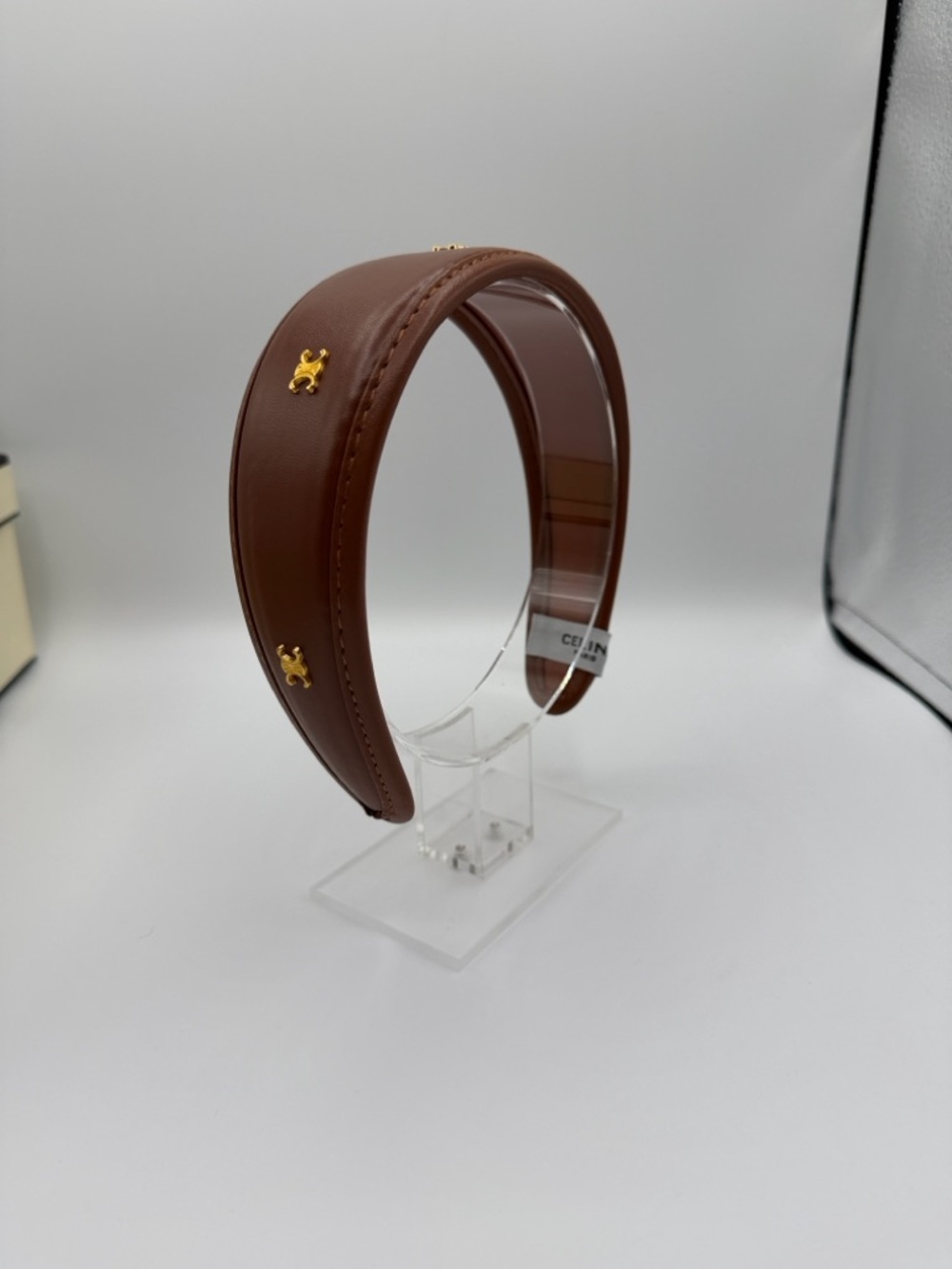 Celine Brown Leather Padded Headband with Gold Accents